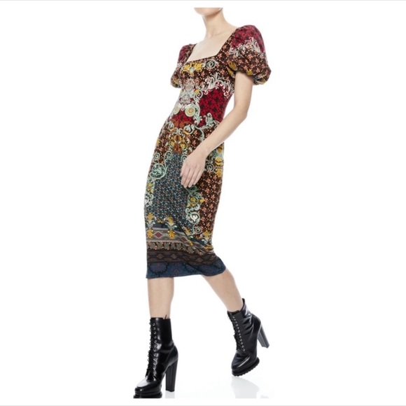 NWT ALICE + OLIVIA Lexia Puff Sleeve Midi Dress Sz 6 - Picture 4 of 5